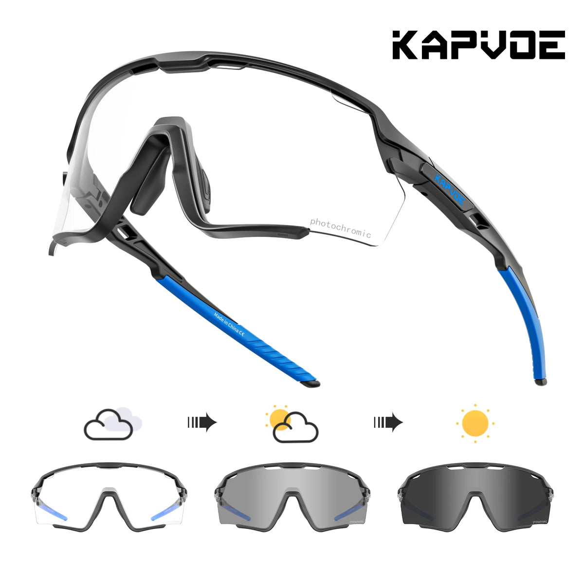 A pair of Kapvode photochromic cycling sunglasses shown in various forms and angles.