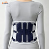 A close-up of a gray, form-fitting back brace with black and white mesh panels for lumbar support.