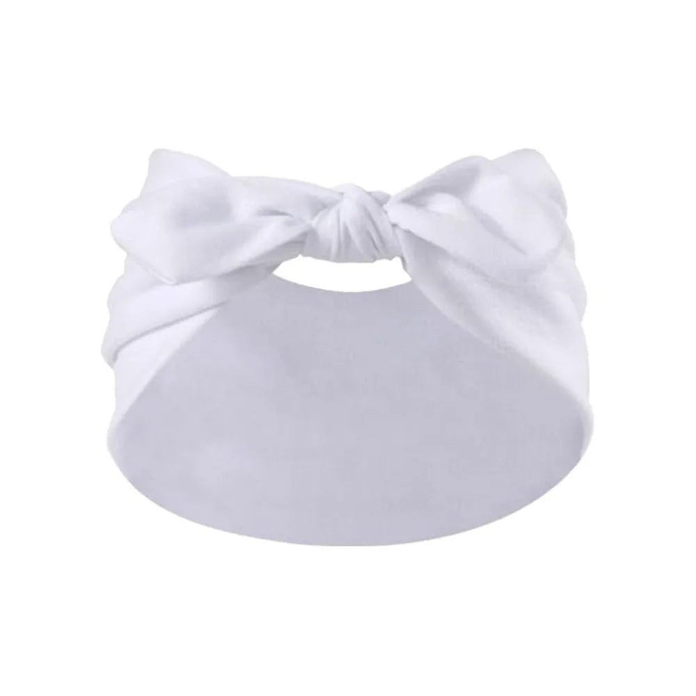 White bohemian bunny ear headband with a bow