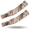 A pair of camouflage tactical arm sleeves in brown and tan patterns.