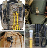 A multi-pack of tactical antenna binding buckles and cables are shown attached to a camouflage vest.
