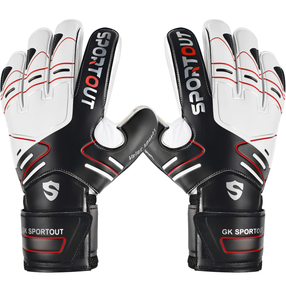 Un par de guantes de portero negros y blancos para fútbol
