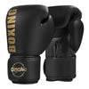 A pair of black boxing gloves with gold accents, shown in a close-up view.