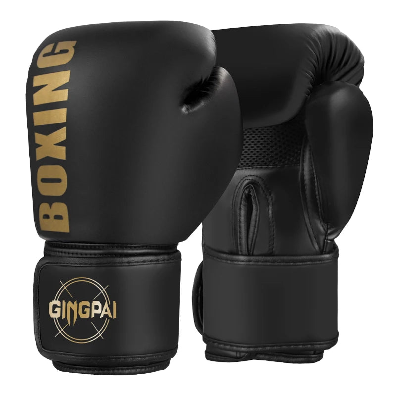 A pair of black boxing gloves with gold accents, shown in a close-up view.