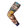 A close-up of a patterned sun protection breathable arm sleeve worn on an arm.