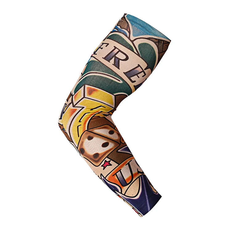 A close-up of a patterned sun protection breathable arm sleeve worn on an arm.