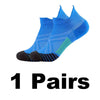 One pair of bright blue performance compression sports socks shown from the side.