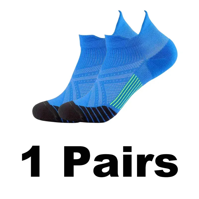 One pair of bright blue performance compression sports socks shown from the side.