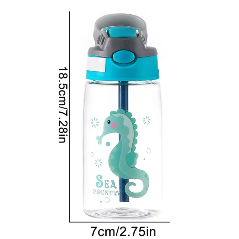 A clear water bottle with a light blue lid and a teal cartoon sea creature design for kids