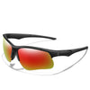 A pair of black sports sunglasses with vibrant orange-red lenses shown against a white background.