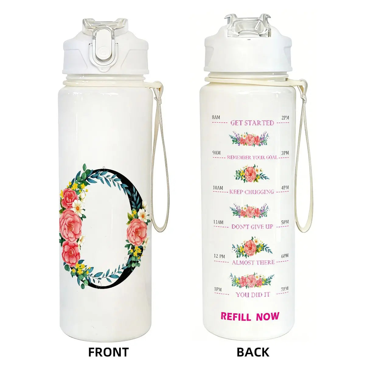 Front and back views of a white insulated straw tumbler for hydration