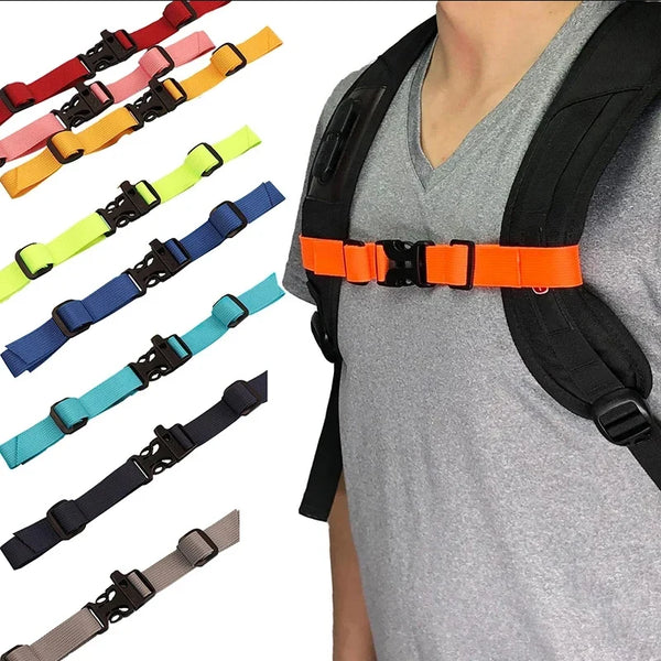 Various colored adjustable tactical backpack strap harnesses displayed against a person's shirt.