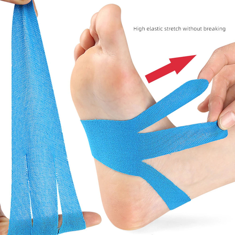 Blue precut kinesiology tape applied to the arch and sole of a foot for joint support.