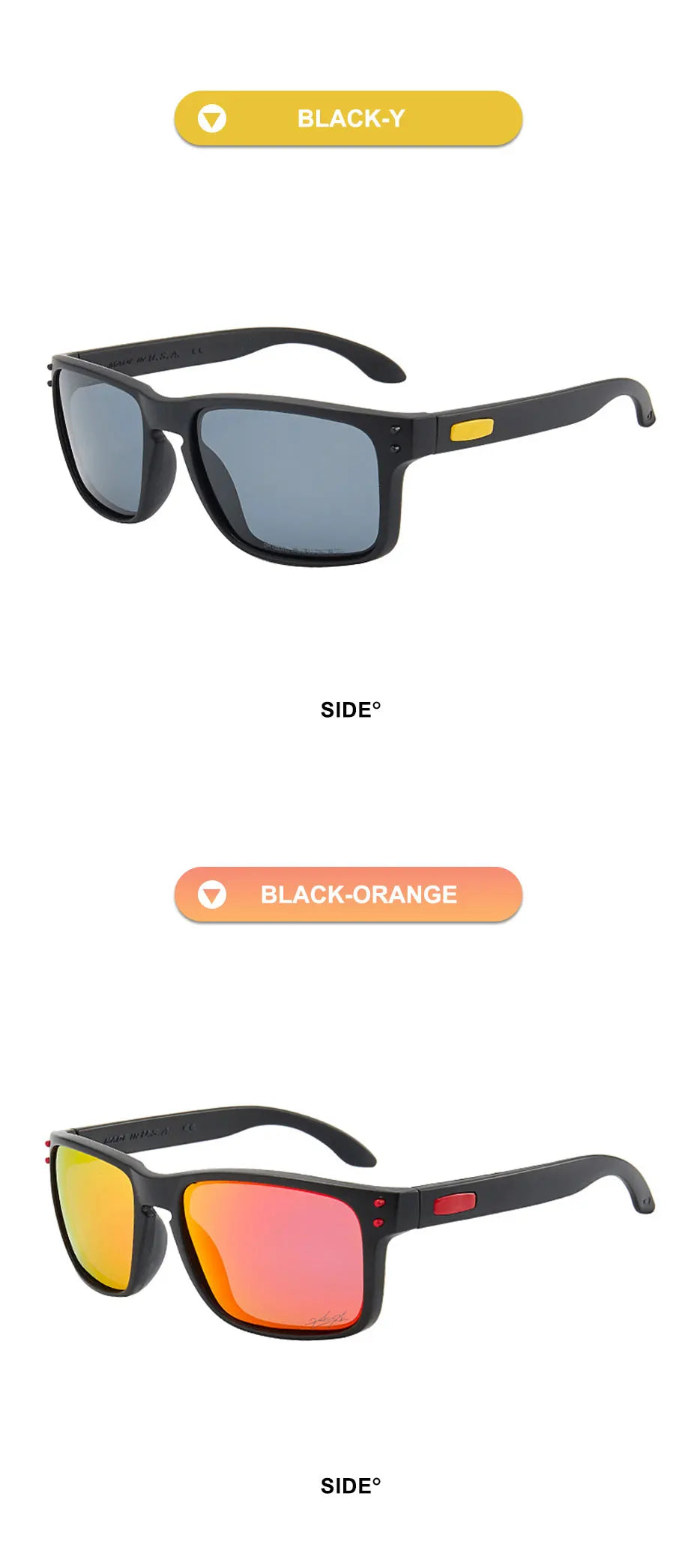 A pair of black-yellow polarized sunglasses shown in a product display context.