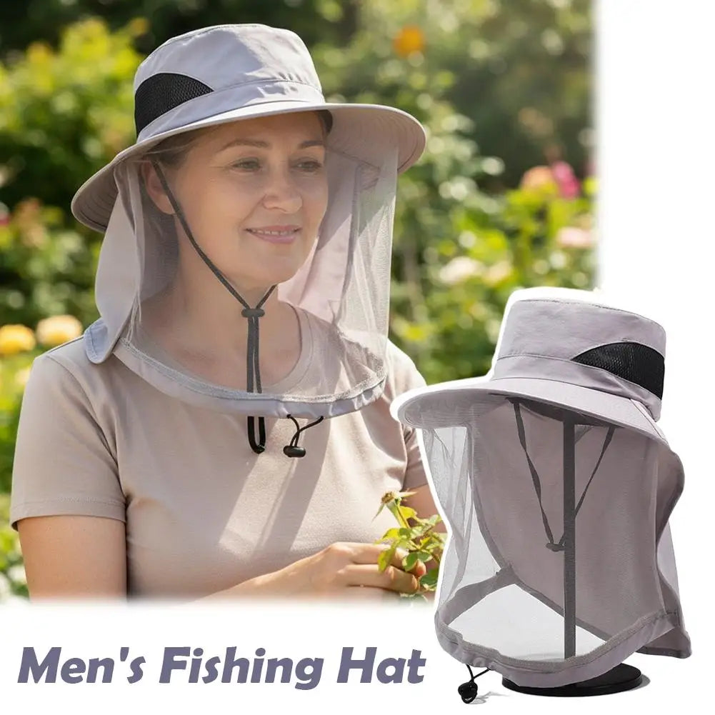 Mosquito Net Sun Hat with Wide Brim and Adjustable Chin Strap