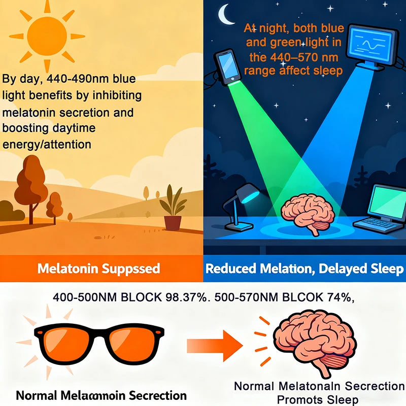 Blue light blocking glasses with red lenses demonstrating normal melatonin secretion and promoting sleep.