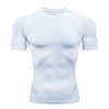A white men's performance compression t-shirt displayed flat.