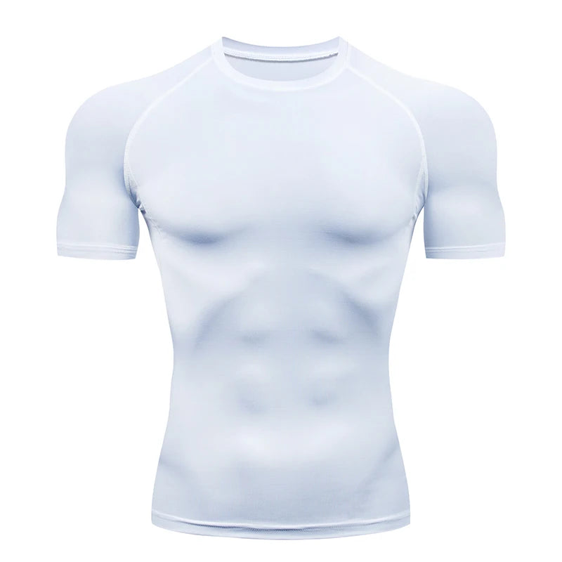 A white men's performance compression t-shirt displayed flat.