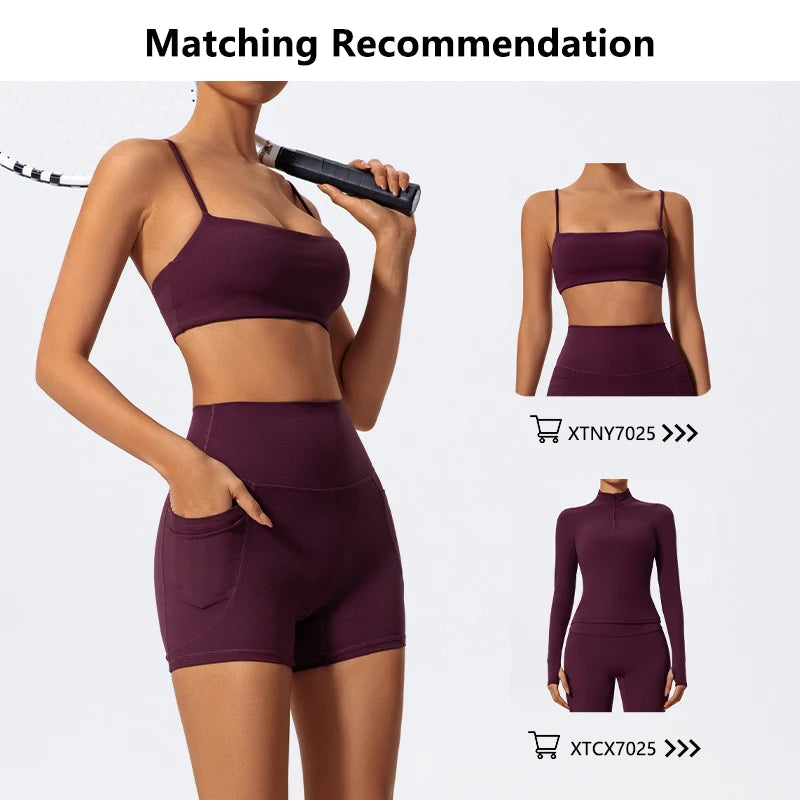 A model wearing a matching maroon high-waist yoga top and shorts, with product links shown.