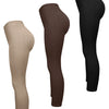 A 3 pack of seamless high-waisted yoga leggings in beige, brown, and black.
