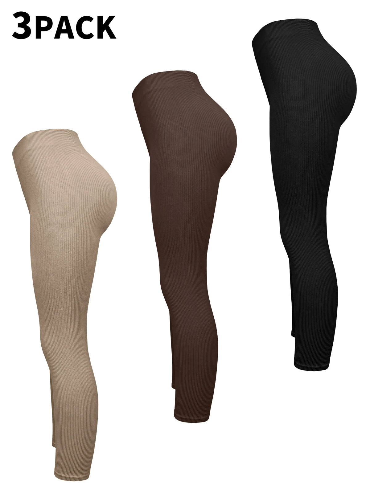 A 3 pack of seamless high-waisted yoga leggings in beige, brown, and black.