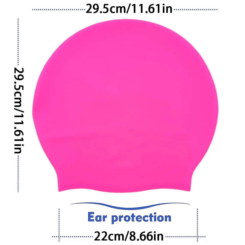 A bright pink silicone swimming cap with a wide brim designed for ear protection.