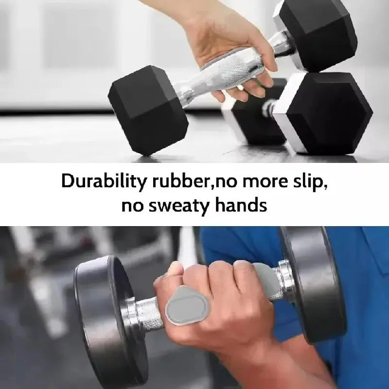 A hand grips a black dumbbell, demonstrating the durability of silicone gym and weightlifting grip gloves.