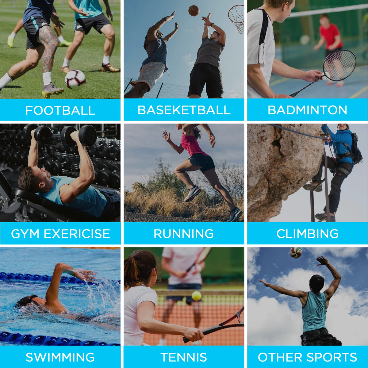 A grid showing various sports activities including football, basketball, badminton, gym exercise, running, climbing, swimming