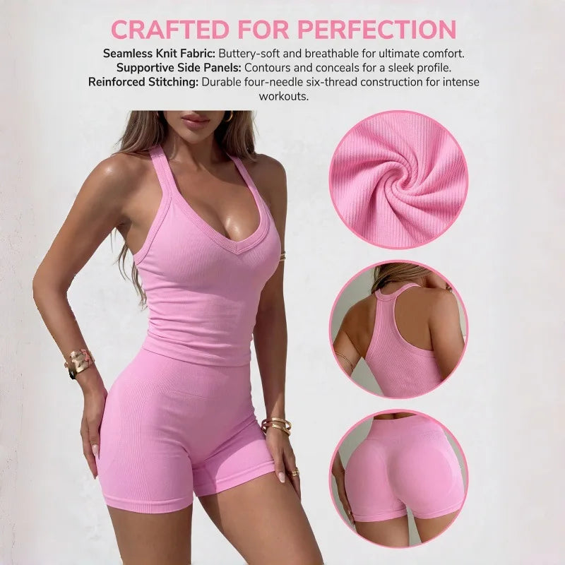A woman models a pink two-piece yoga set featuring a seamless knit fabric with a racerback tank and shorts.