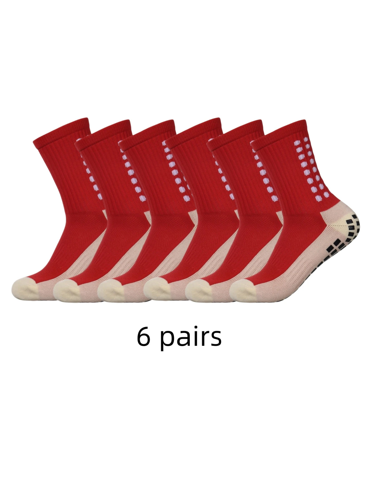 Sechs Paar rote Performance-Anti-Rutsch-Sportsocken in einer Reihe