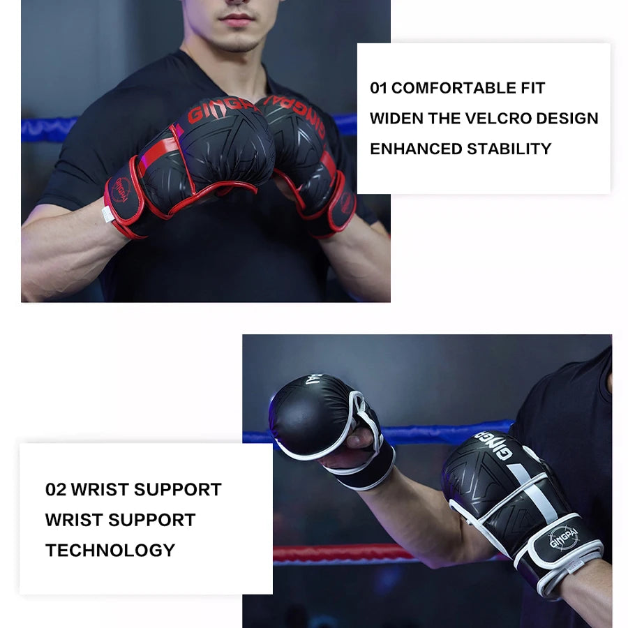 Person in black clothing holding red and black MMA training boxing gloves