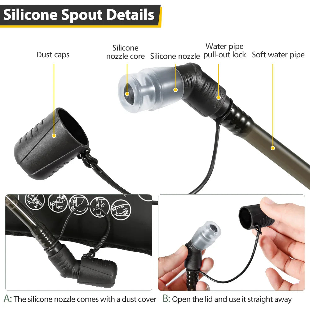 Details of a silicone spout including dust caps, nozzle, pull-out lock, and soft water pipe.