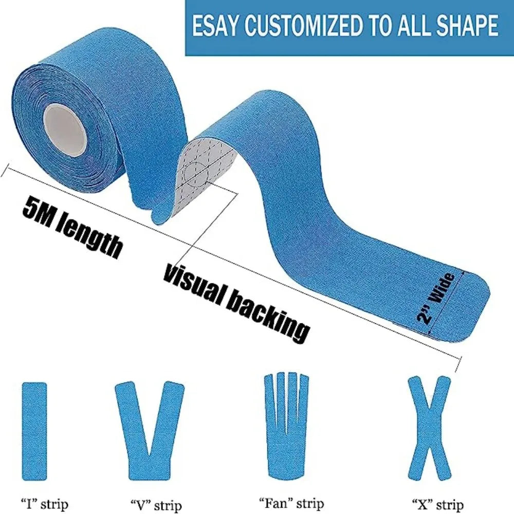 Blue kinesiology tape roll with various shapes including I V Fan and X strips