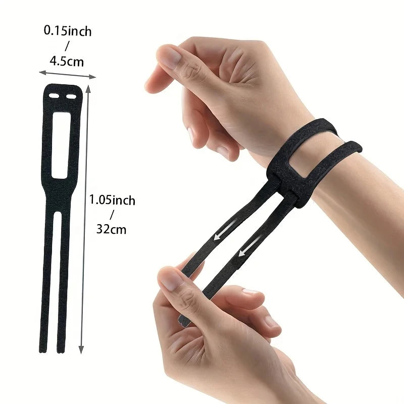 A hand is demonstrating an elastic pressure wrist strap, showing its size and application for carpal tunnel relief.