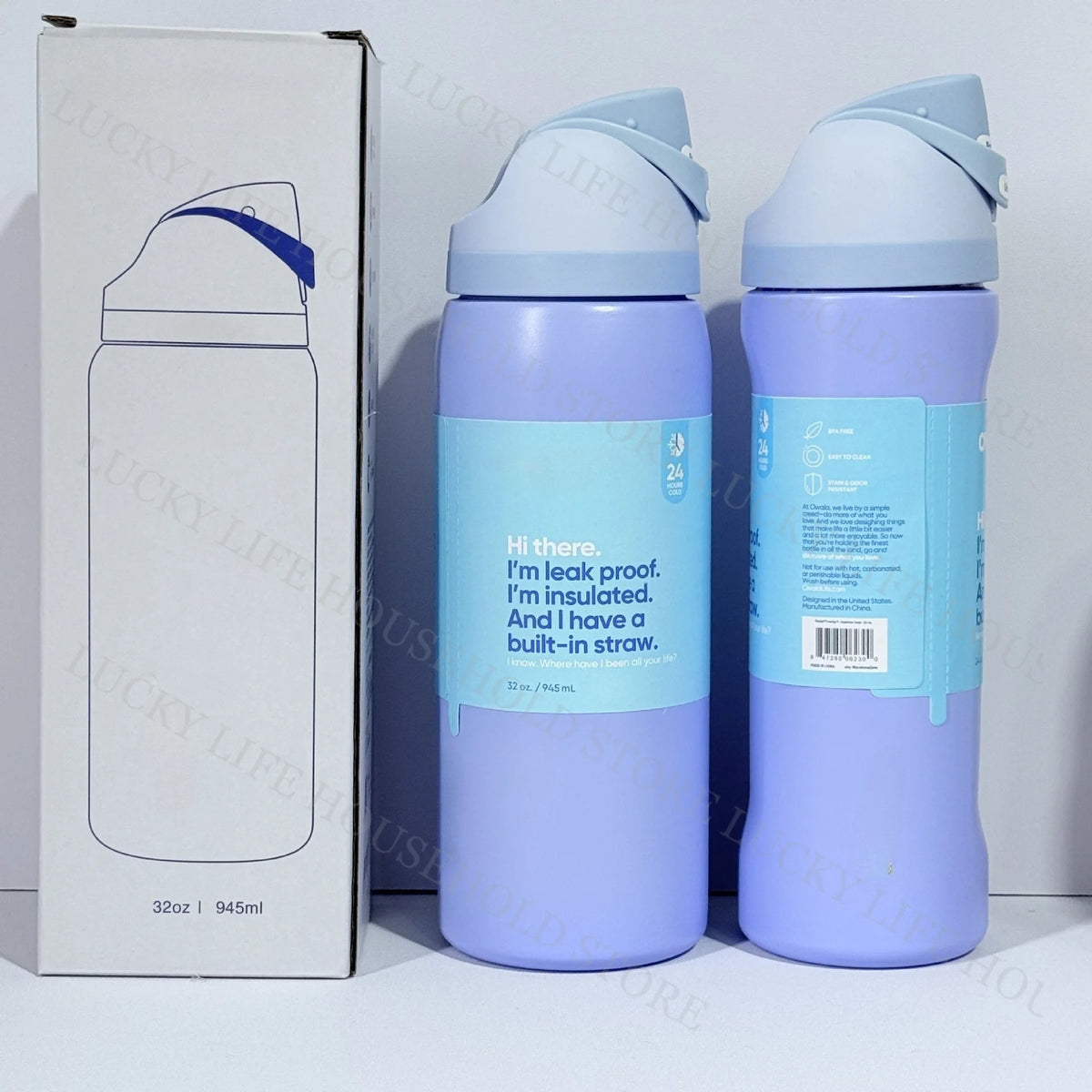 A light purple insulated sports water bottle with a blue cap is shown next to its packaging box.