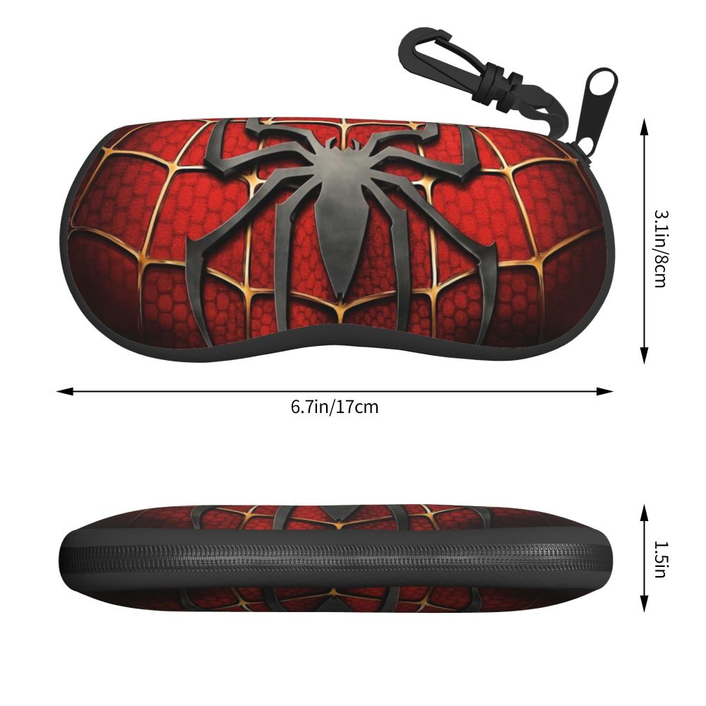 A black and red spider web patterned pouch designed to hold eyeglasses.