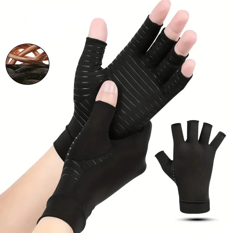 Black compression wrist support gloves shown on a hand and arm, with an inset showing the copper texture.