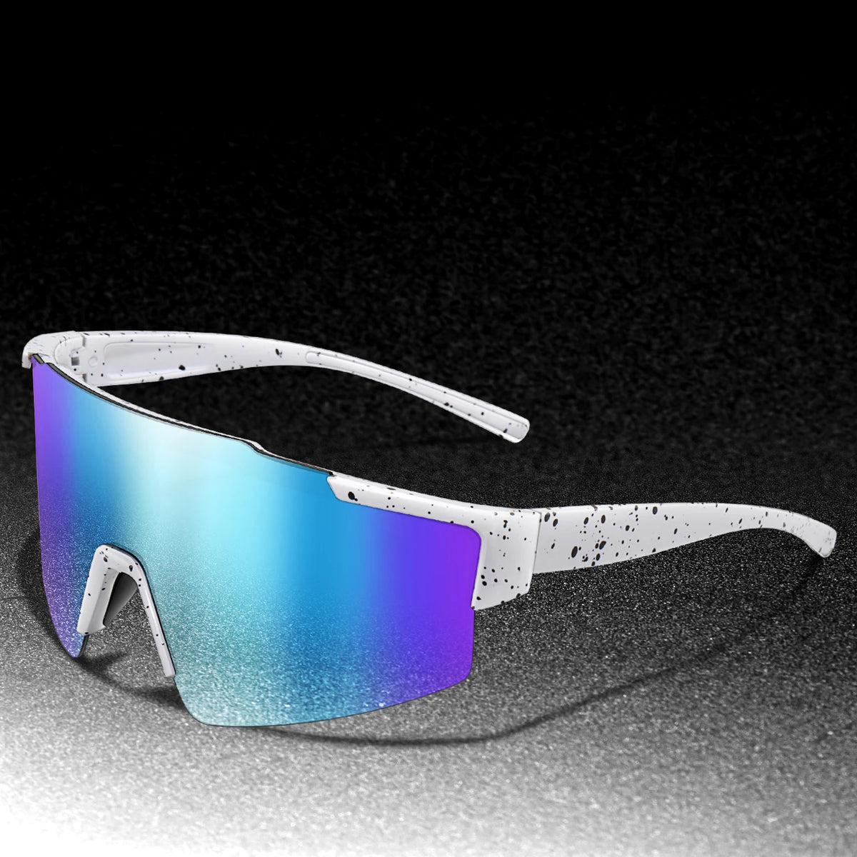 A pair of white cycling sunglasses with iridescent blue and purple lenses resting on a dark surface.