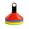 A stack of brightly colored soccer training discs with black handles.