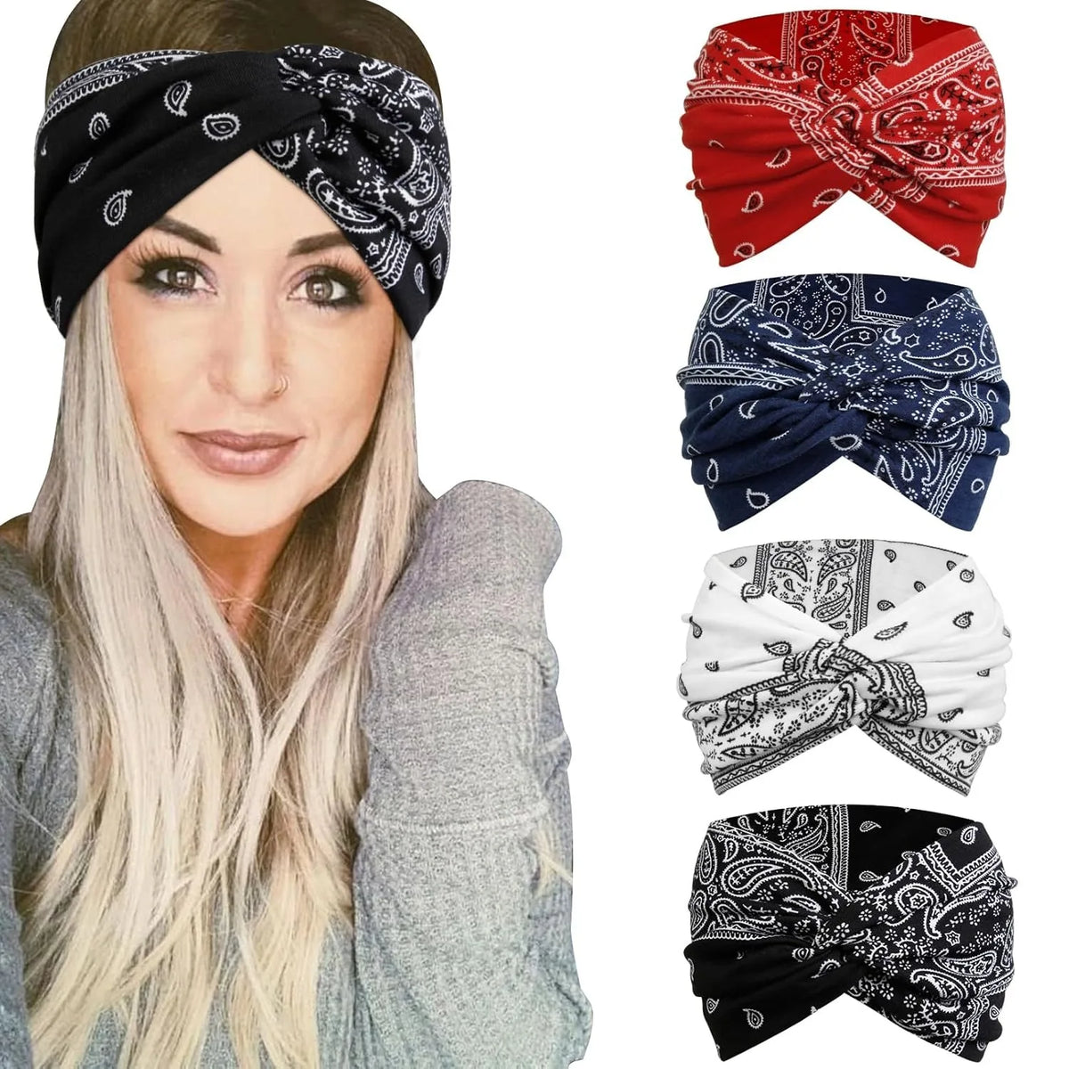 A woman models several extra wide boho headbands in red, navy blue, white, and black patterns.
