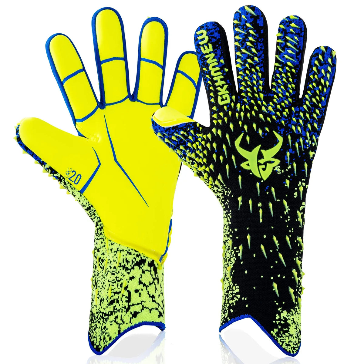 A pair of neon yellow and black goalkeeper gloves shown against a white background.