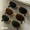 Three pairs of classic oval metal sunglasses in gold and black frames are displayed on a neutral surface.