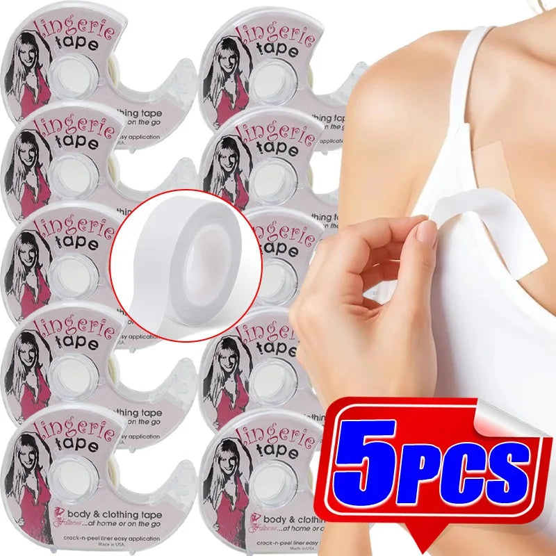 A hand applies pink lingerie tape to a person's shoulder, showing the product packaging and usage.