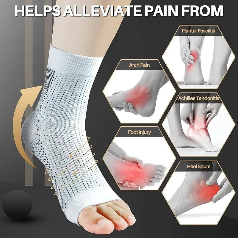 White compression socks shown on a leg, illustrating relief for plantar fasciitis, arch pain, Achilles tendonitis, foot injur