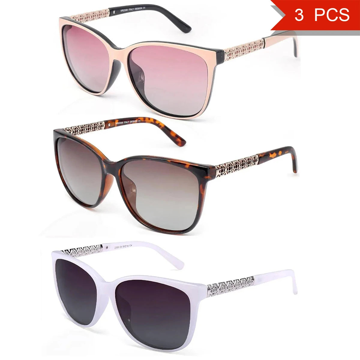 Trois paires de lunettes de soleil polarisées à la mode pour femmes, de différentes couleurs et styles