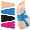 Precut kinesiology tape in various colors applied to the sole of a foot for joint support