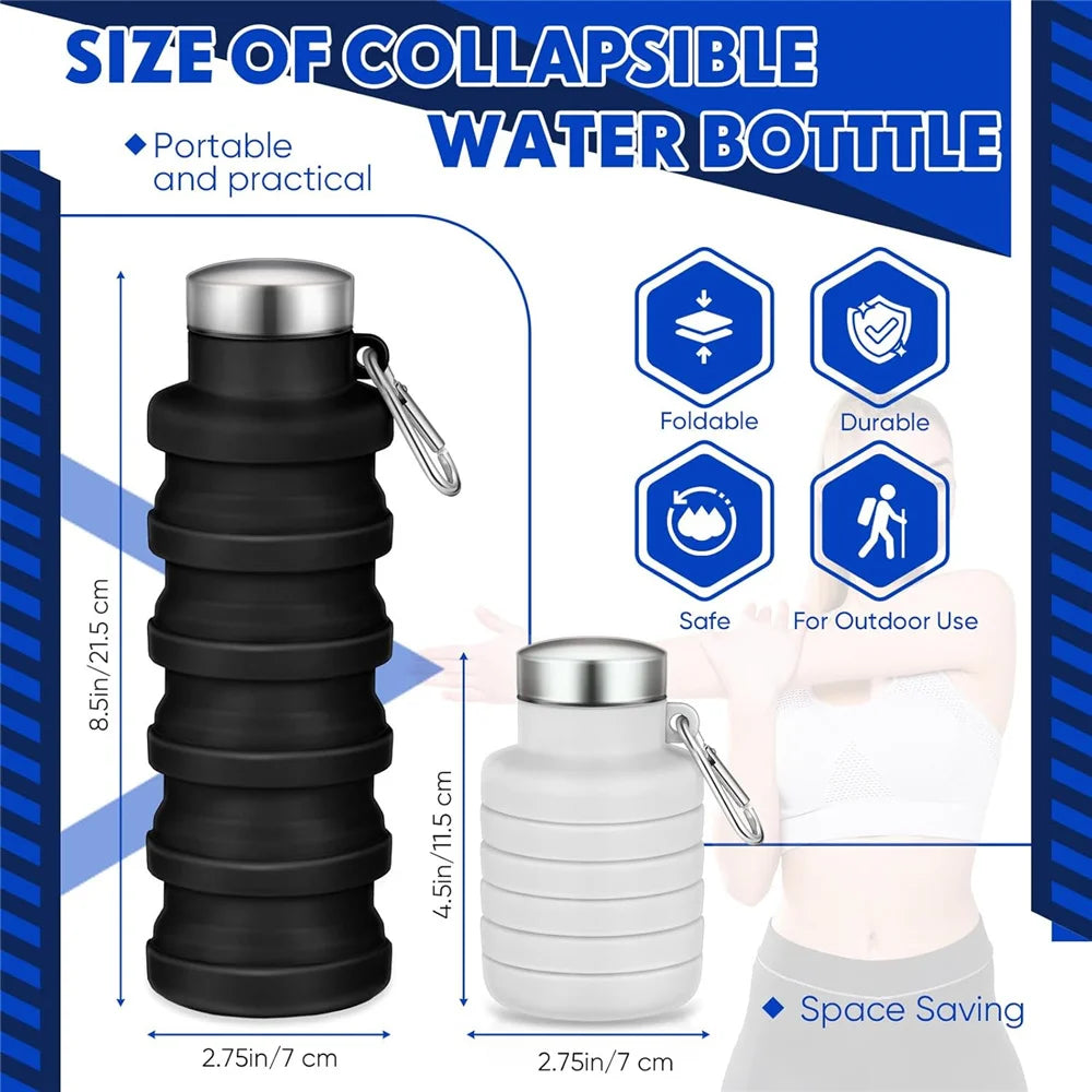 Image showing a black collapsible water bottle and a white version, highlighting its portable and durable features.