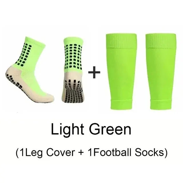 A set of light green knee covers and football socks for soccer players