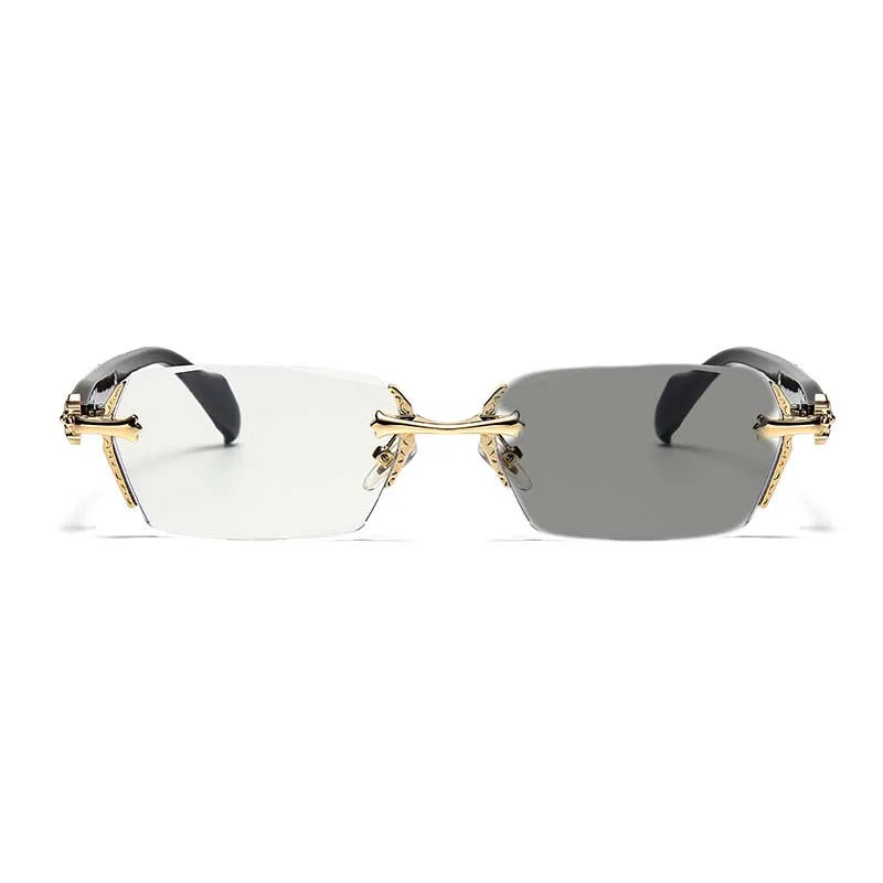 Frameless photochromic prescription glasses with gold accents and gray lenses