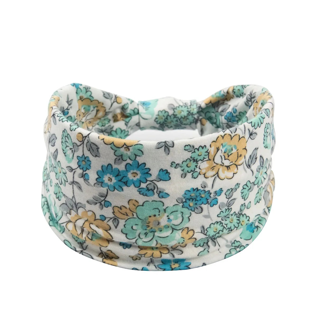 Floral butterfly headband featuring blue and yellow flowers on a white background